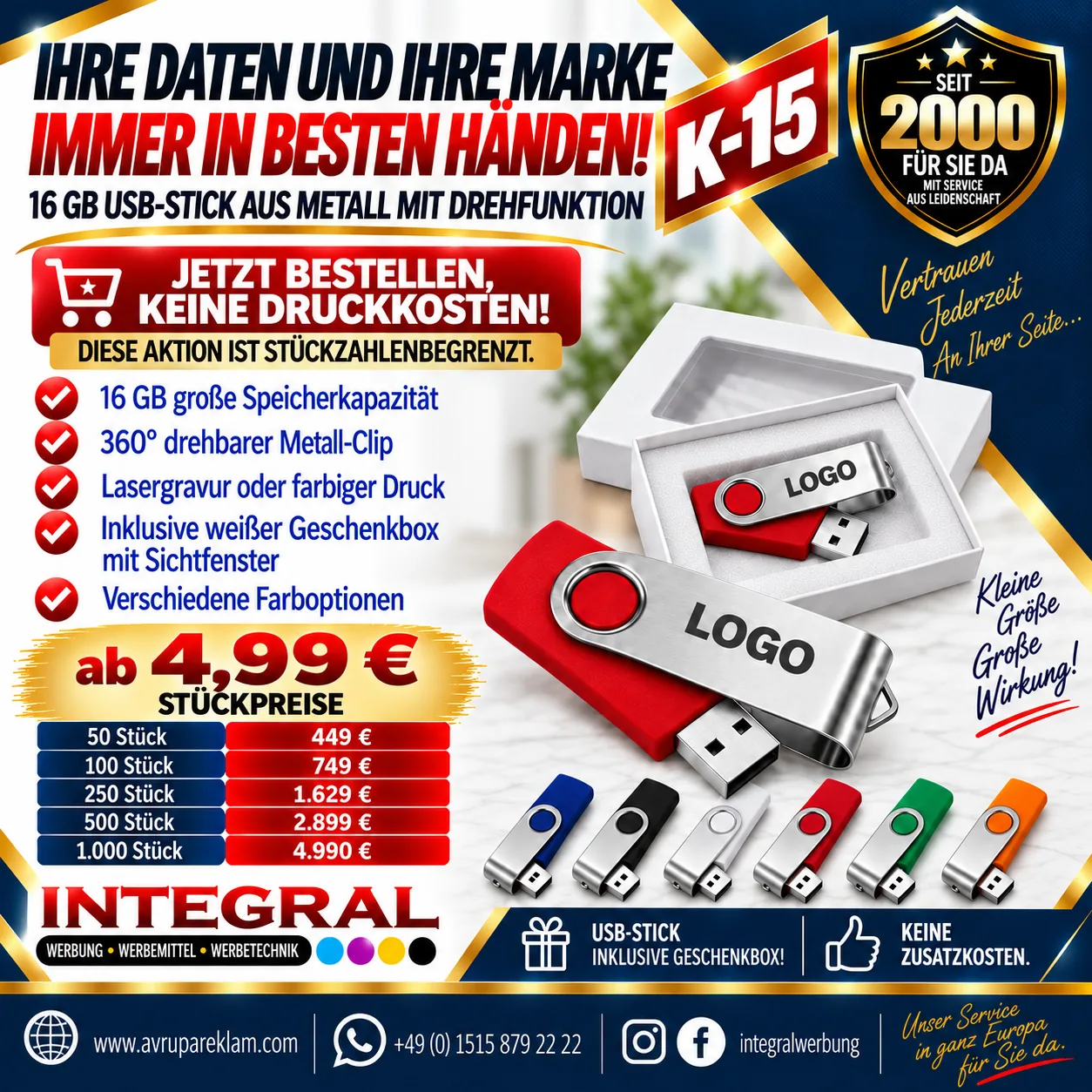 K-15 16 GB USB-Stick aus Metall mit Drehfunktion