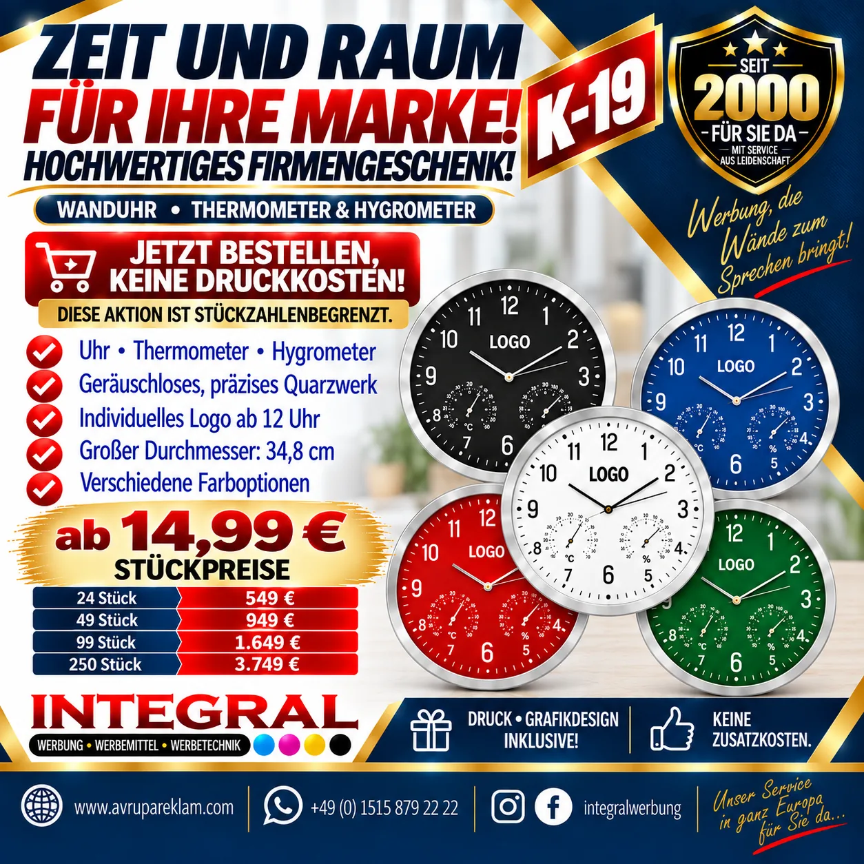 K-19 3-in-1 Wanduhr mit Thermometer & Hygrometer