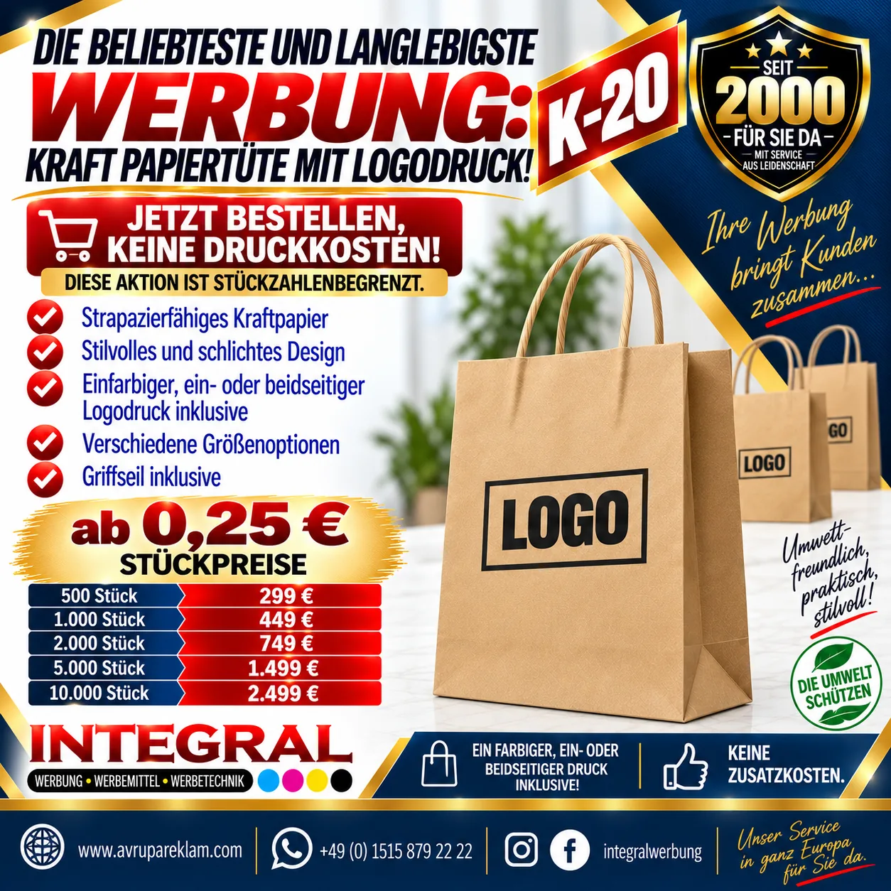 K-20 Kraft-Papiertüte mit Logodruck