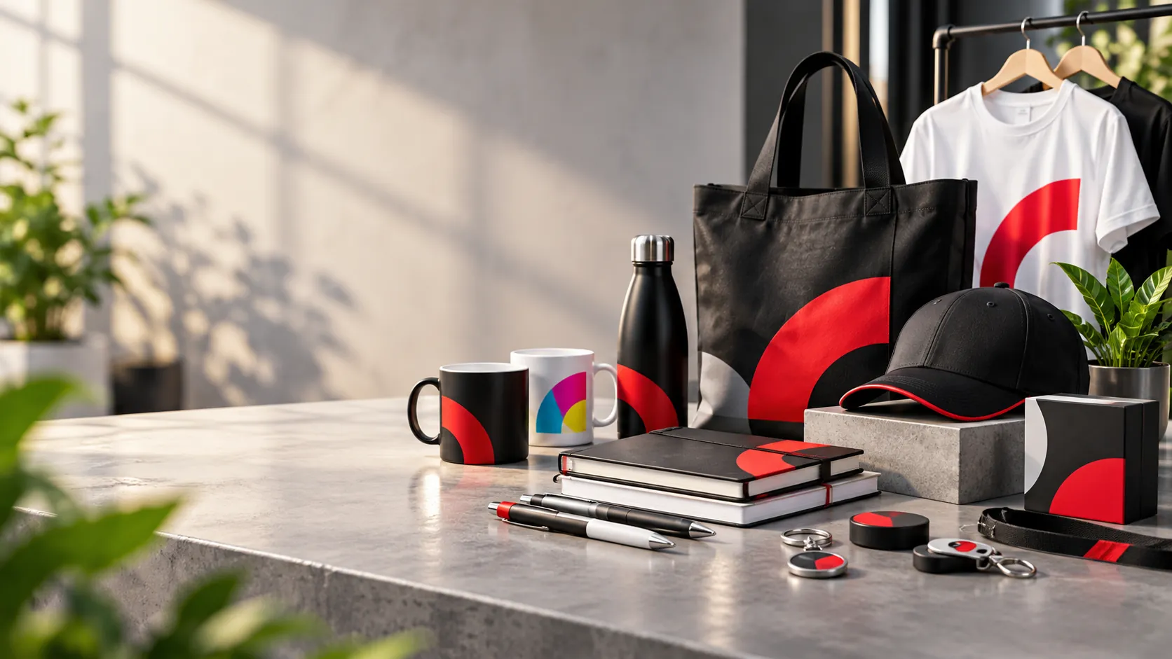 Hochwertig arrangierte Werbeartikel mit Tassen, Taschen, Trinkflasche, Kugelschreibern und Textilien