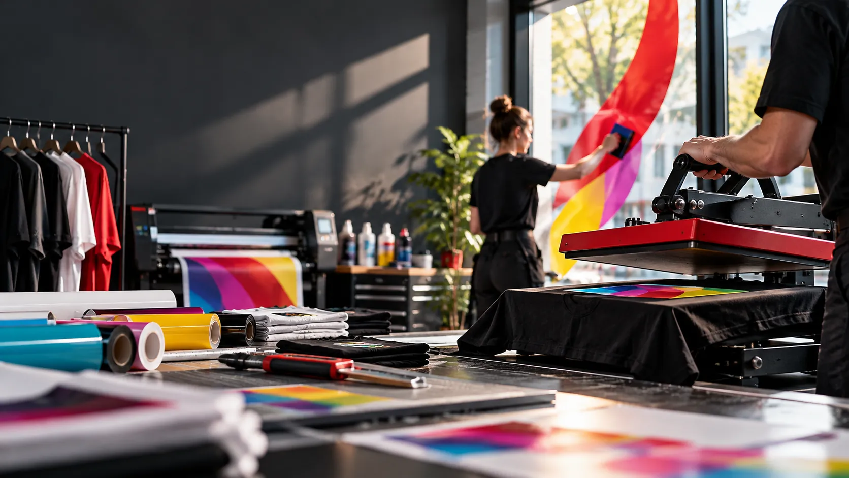 Textildruck und Werbetechnik in der Produktion mit Transferpresse, bedruckten T-Shirts und Fensterbeschriftung