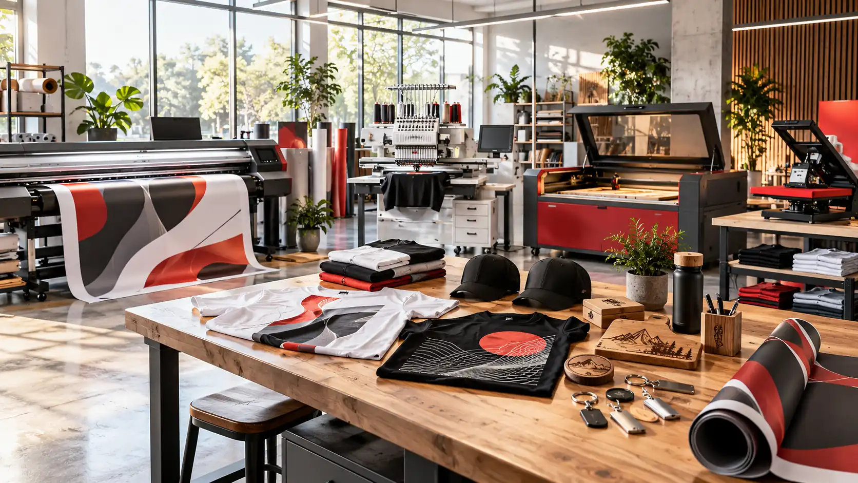 Werkstatt mit Großformatdrucker, Mehrkopf-Stickmaschine, Lasergravierer und Transferpresse, im Vordergrund ein Tisch mit bedruckten T-Shirts, Caps und gravierten Werbeartikeln