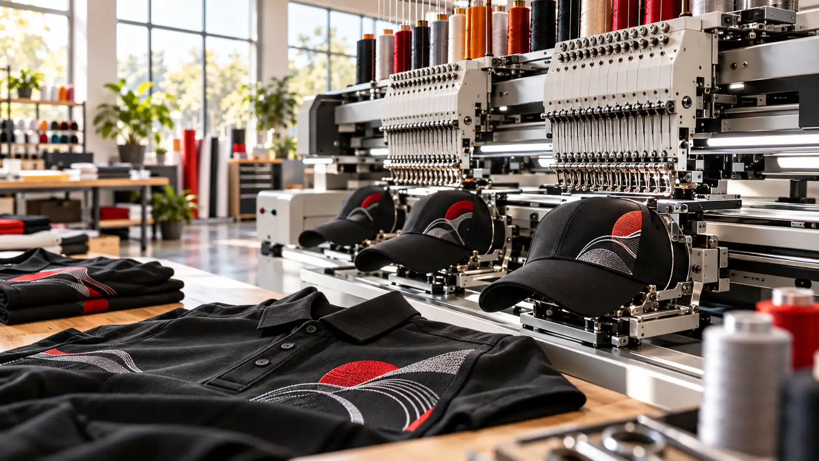 Mehrkopf-Stickmaschine bestickt schwarze Caps, im Vordergrund bestickte Poloshirts und Garnrollen