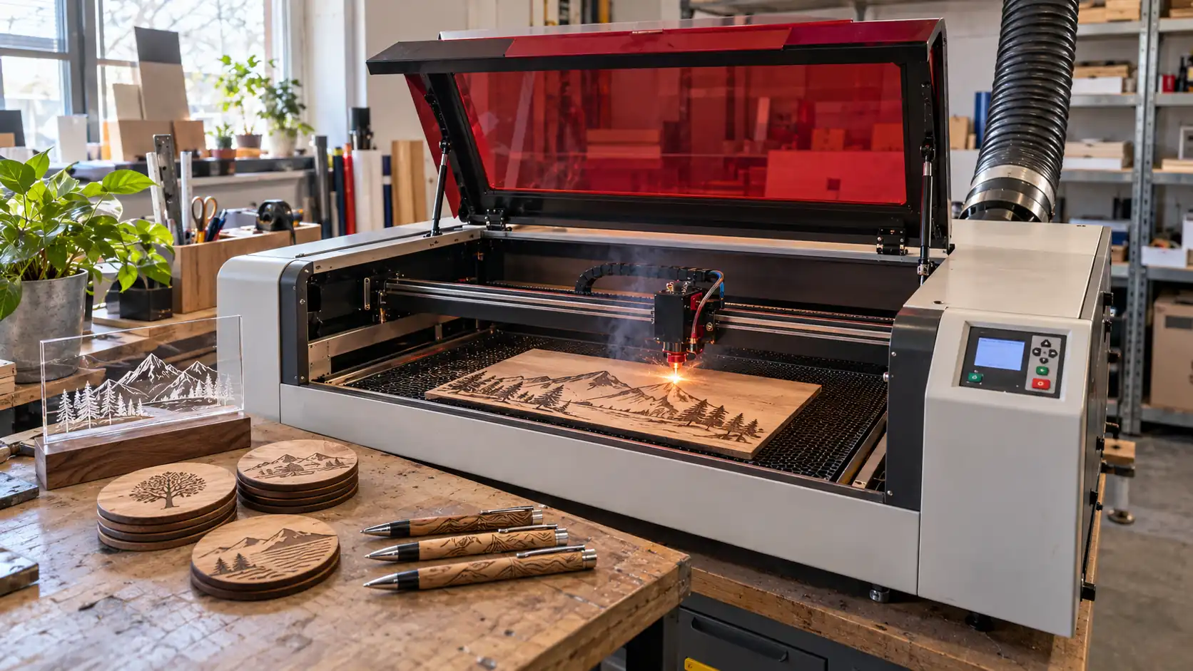 Geschlossener CO2-Lasergravierer graviert ein Holzbrett, daneben gravierte Untersetzer, Kugelschreiber und ein Acrylschild